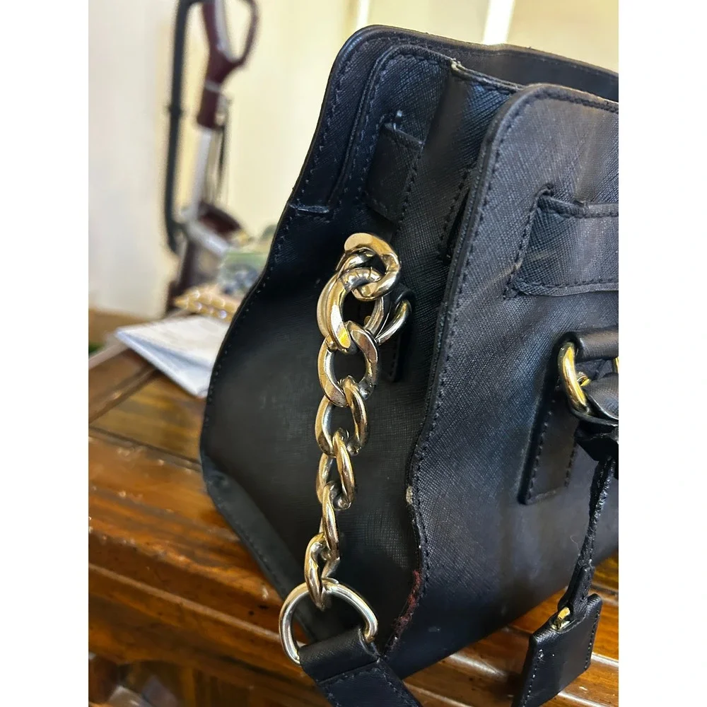Michael Kors Hamilton Satchel Black Saffiano Leather Gold Padlock Handbag Bag